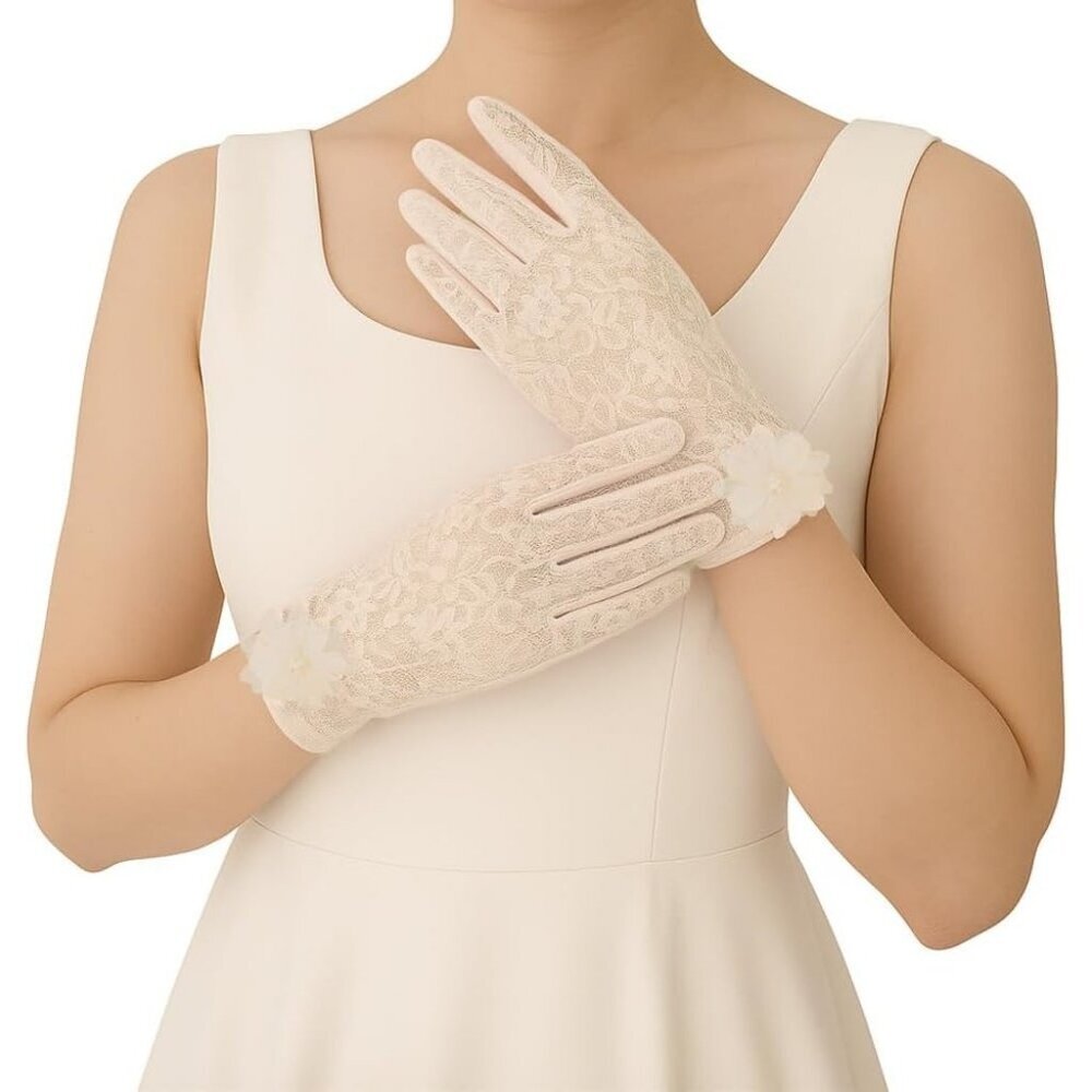 Women's Embroidery Beige Short Lace Wrist Gloves Design Party Accessories - Picture 2 of 7